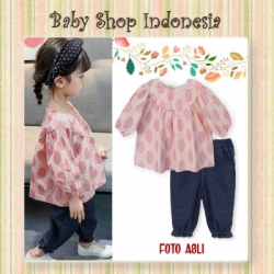 PU558 Setelan Baju Anak Perempuan Import Tunik Anak Baju Anak Lengan Panjang Big Polkadot Pink  large